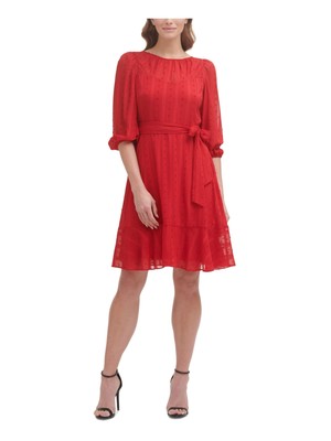 

Женское платье DKNY Red Tie Sash Hem Pouf с рукавами выше колена + расклешенное платье, Красный