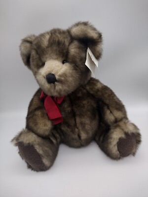 Bombay Danny Bear Russ Berrie Frosted Brown Faux Mink Red Bow Plush Toy