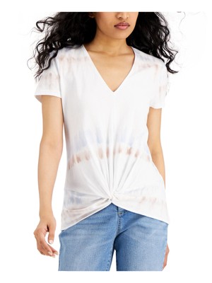 INC Женская белая футболка Twist Front Tie Dye с коротким рукавом и V-образным вырезом S
