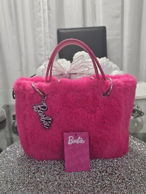 A Rare HTF Claire's Barbie The Movie Pink Furry Tote Bag Purse Handbag 10'' X 7''