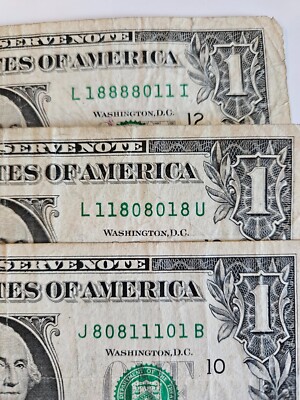  Trinary $1 Dollar Bills All 0's, 1's and 8's Fancy Serial Number Lot of 3