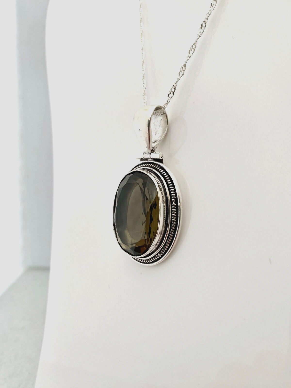 Smokey Topaz Pendant Necklace w/Sterling Silver Setting & Chain