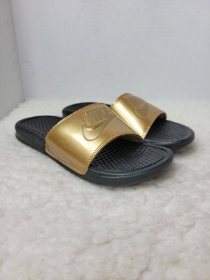 Nike Benassi Women's Slide Size 6 Sandals Black Gold Print Casual Shoes
