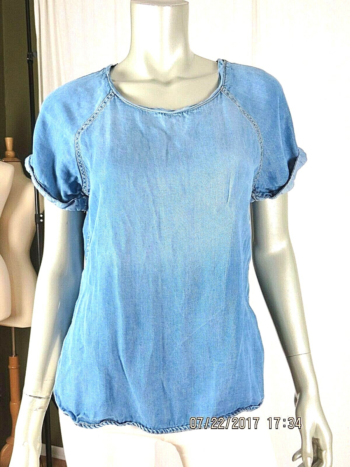 LIFE IN PROGRESS SZ S Sky Blue Denim Tee Shirt Hi-Low Hem