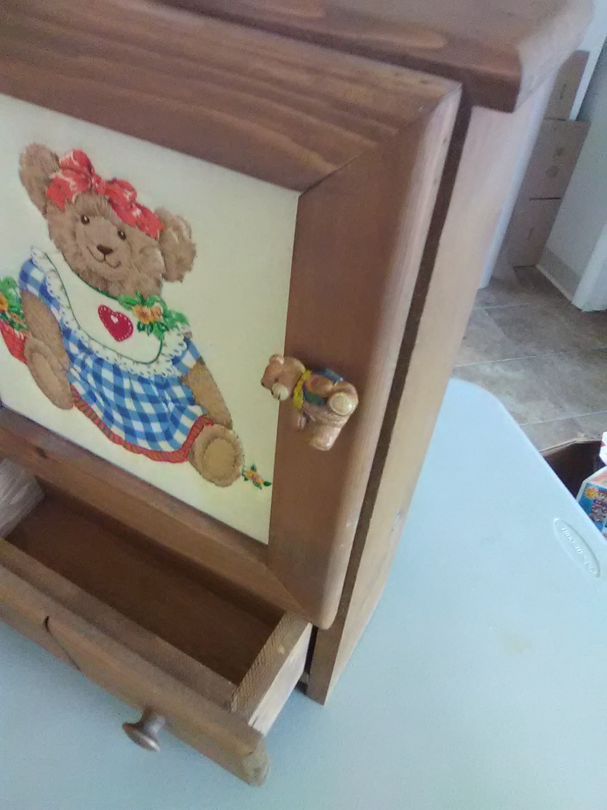 Small Wood  Cabinet with Door and Drawer and Quilted Bear