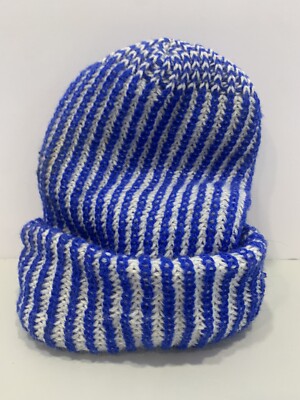 Handmade Unisex One Size Blue And White Knit Beanie Winter Hat Ski Snow Foldable
