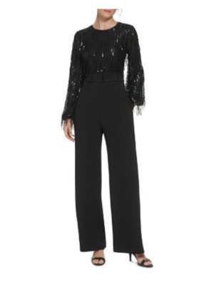 ELIZA J Womens Black Long Sleeve Crew Neck Evening Straight leg Jumpsuit 4