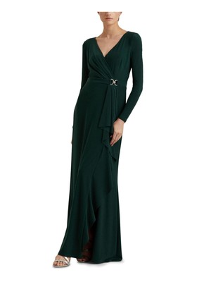 

LAUREN RALPH LAUREN Женское платье с зеленым поясом и каскадными рюшами и длинными рукавами, Зеленый