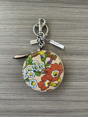 NWT Coach Circular Coin Pouch With Floral Print Bag Charm Keychain Ivory Multi