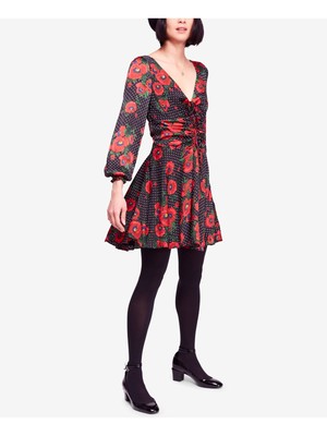 

Женское черное платье мини с длинными рукавами и V-образным вырезом с цветочным принтом FREE PEOPLE, Черный