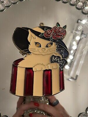 Metal Stained Glass  Cat Kitten Wearing Hat Playing In Box Flowers Roses Vintage