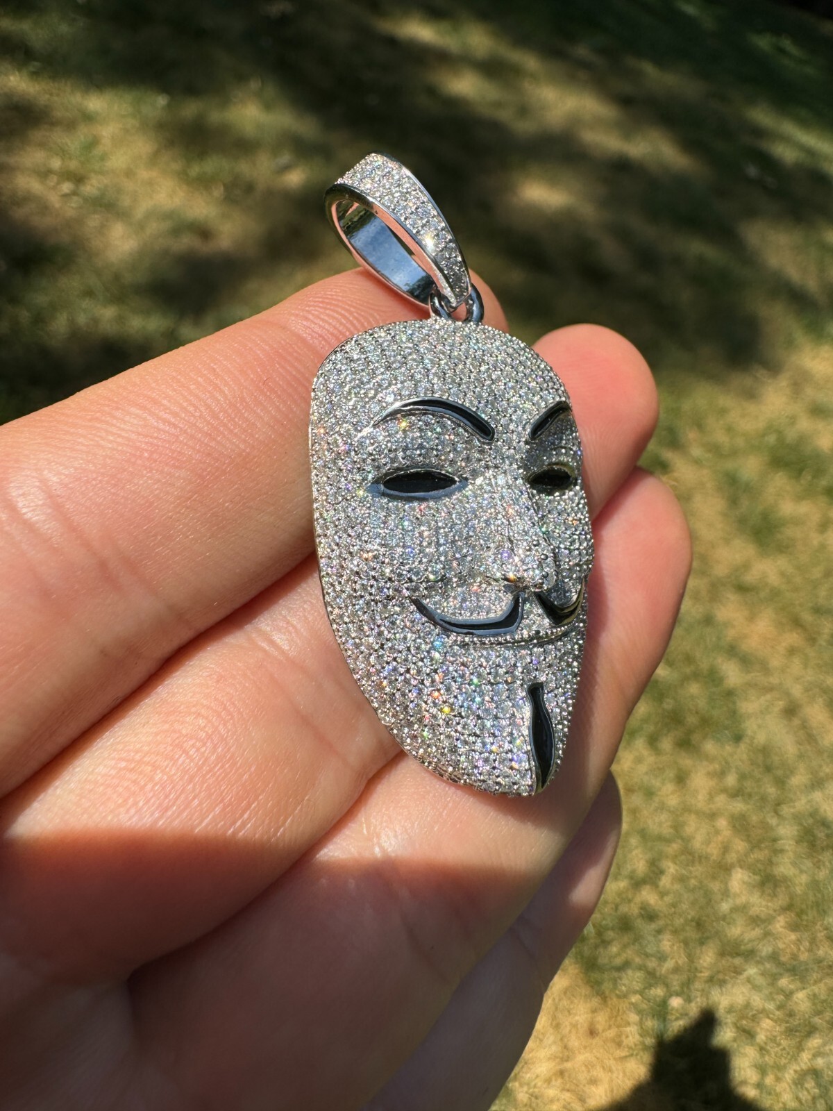 Pre-owned Hip Hop Real Moissanite V For Vendetta Mask Iced Anonymous Pendant Necklace 925 Silver In White