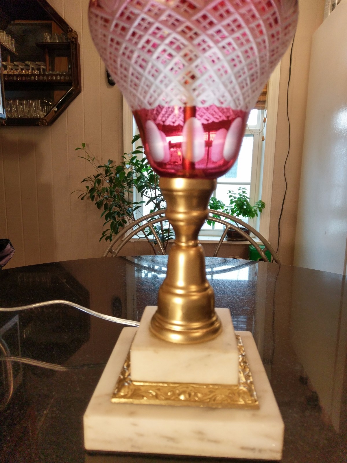 Gorgeous Antique Cut To Clear Marble Base Table Lanp