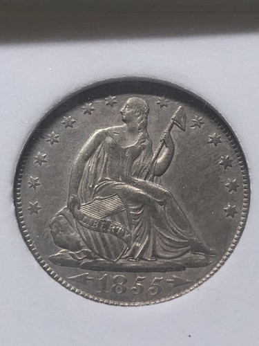 1855-O SEATED LIBERTY HALF DOLLAR AU++; SLABBED