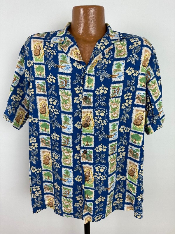 Vintage Happy Shirts Hawaiian Shirt L Tight Ukelele Surf Woody Wagon Tiki Rayon