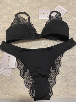 La Perla Beatrice 36C L Triangle Bra Brazilian Panty Set Black