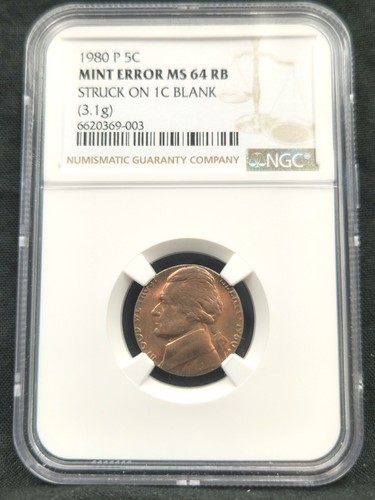 NGC MS63 メキシコ 1ペソ 1980 ミントエラー 1980-P 5c Jefferson Nickel Struck on Cent Planchet PCGS MS63 Red