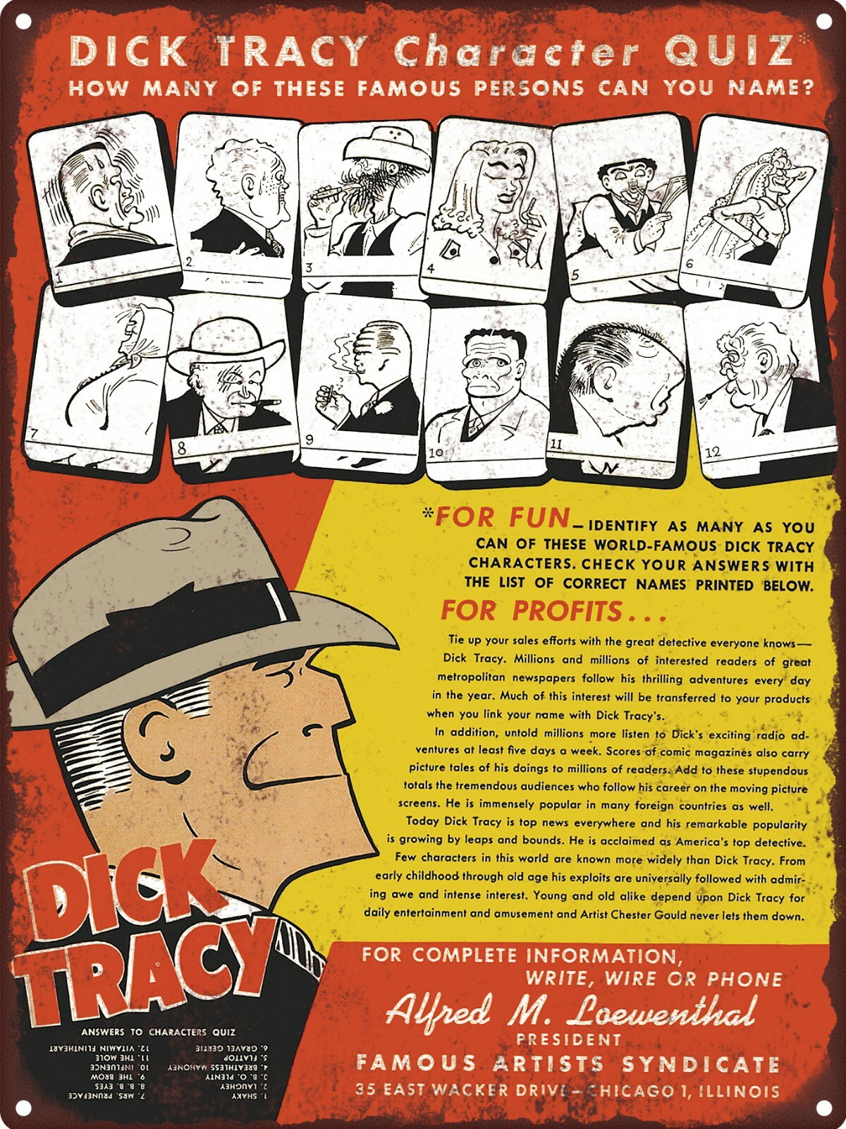 1947 Comic Strip Dick Tracy Characters Famous Persons Metal