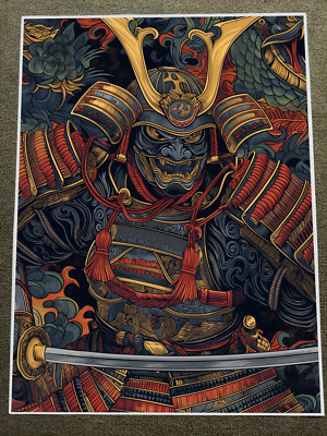 Epic Samurai Warrior Battle Stance Katana Sword Fiery Background Poster 18x24in