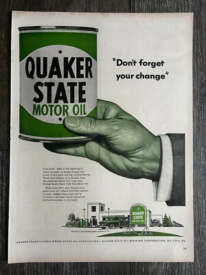 Vintage Car Ad 1950's Advertisement QUAKER STATE Motor Oil Petroliana 10x14