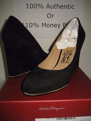 Pre-owned Ferragamo $695 Salvatore  Fiamma Black Suede Wedge Heels Shoes Us 7.5-10.5 Bx