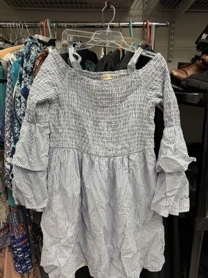 Altar'd State White Blue Striped Off Shoulder Smocked Ruffle Sleeve Sundress L