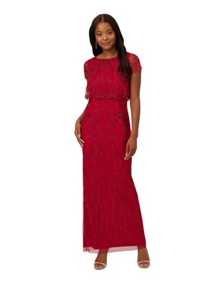 ADRIANNA PAPELL Womens Red Popover Lined Cap Sleeve Maxi Evening Sheath Dress 4