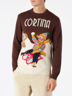 Pre-owned Mc2 Saint Barth Man Sweater With Cortina Postcard Print In Brown