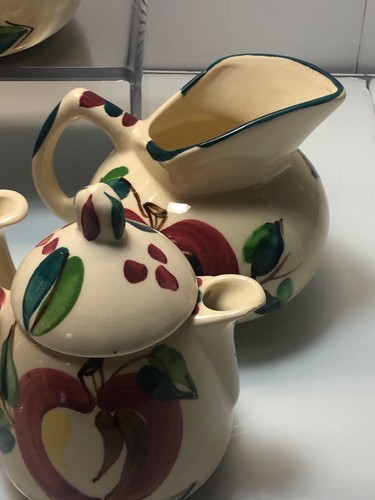 Puritan Slip Ware Pottery Apple Pattern lot 6 Pcs Teapot Sugar Creamer Cup