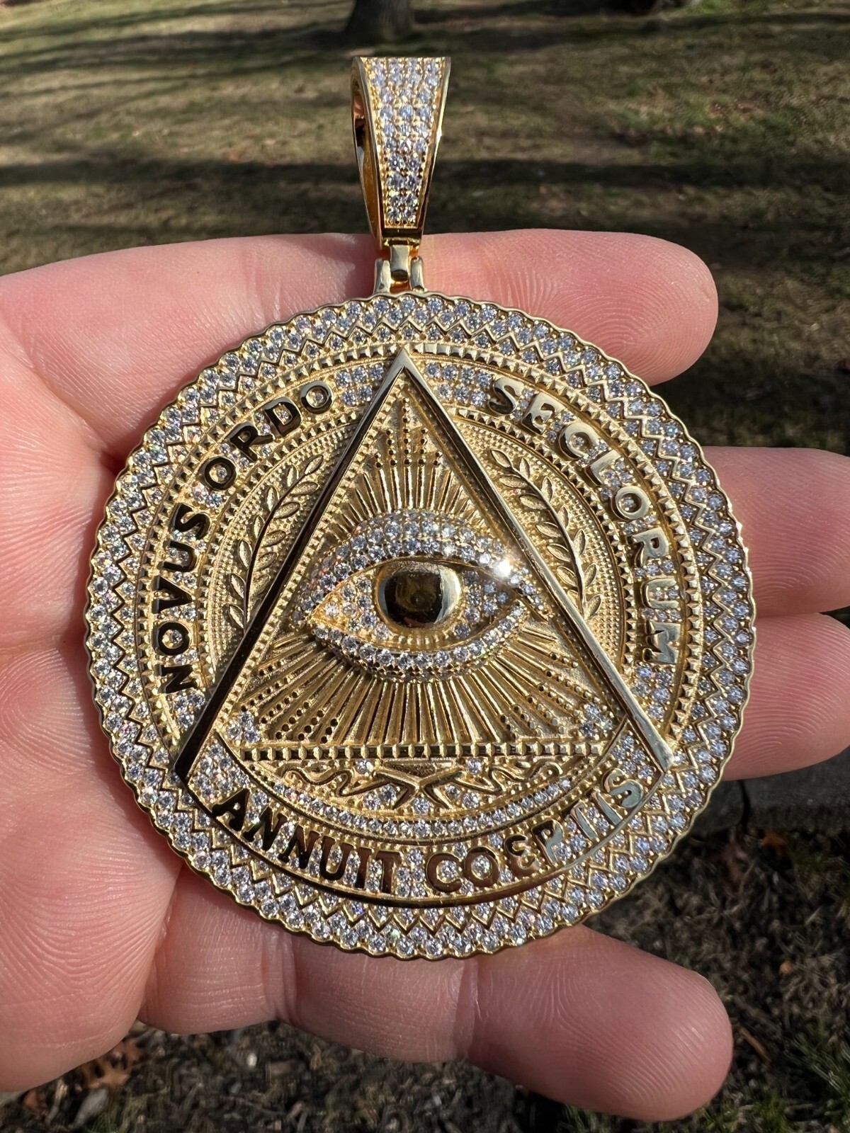 Pre-owned Harlembling Moissanite Huge 3" All Seeing Illuminati Eye Masonic Medallion Necklace Silver