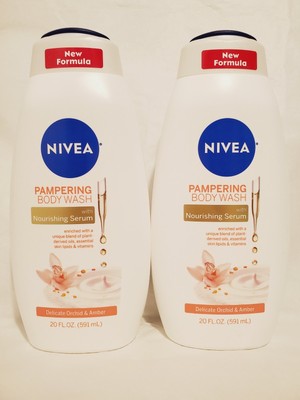 (2) NIVEA Pampering Body Wash LOT Delicate Orchid & Amber  20 oz Shower Gel Bath