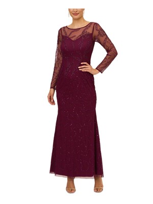 ADRIANNA PAPELL Womens Burgundy Lined Long Sleeve Formal Gown Dress 4
