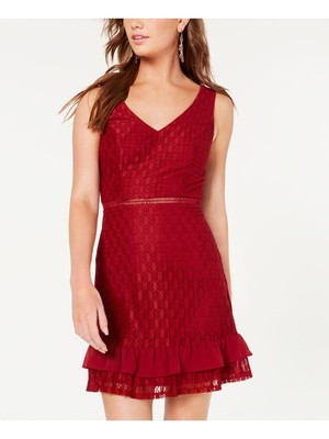 CITY STUDIO Womens Maroon Flounce Ladder Stitch Sleeveless Mini Dress 1