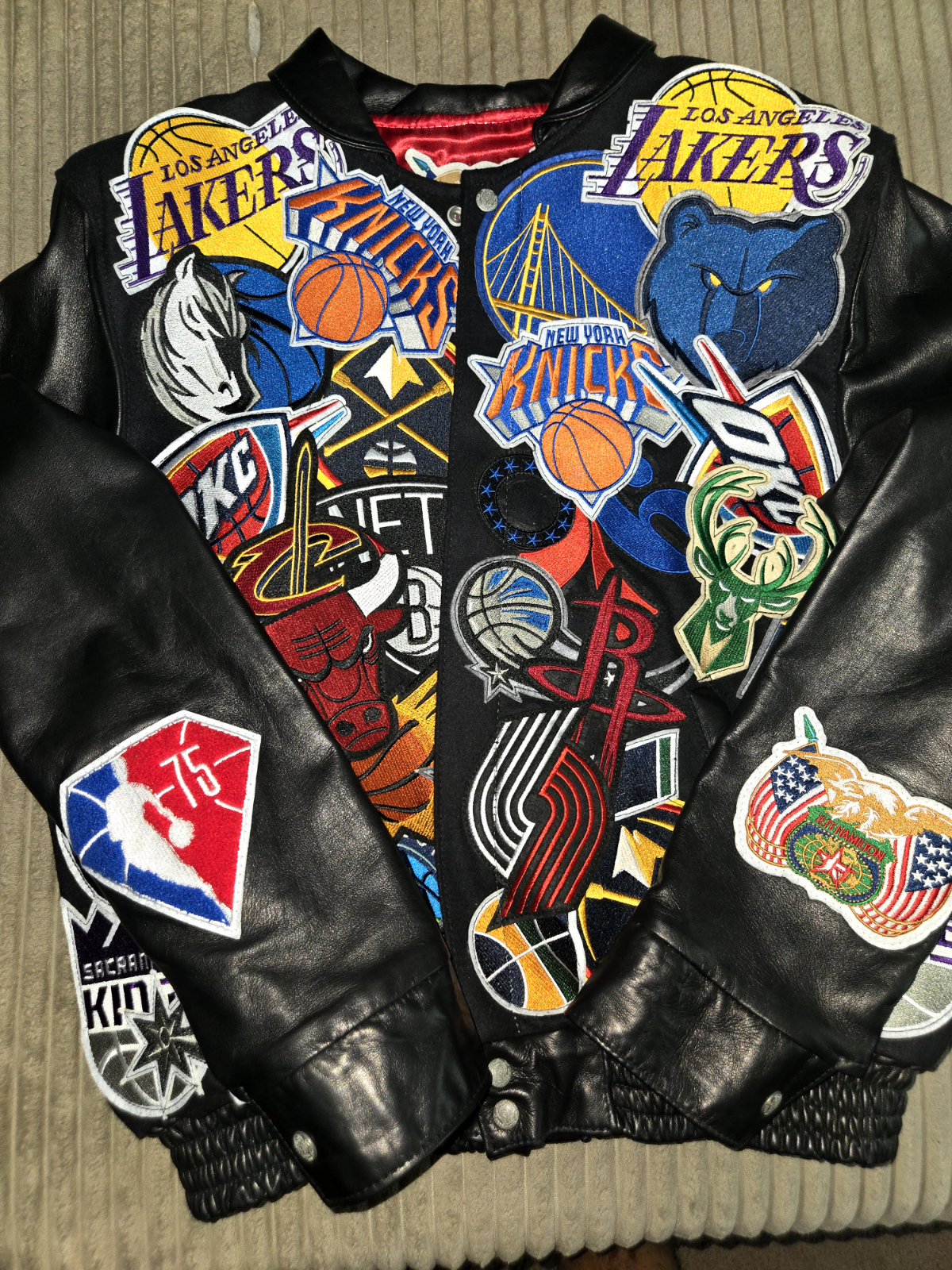 ジャケット・アウター JEFF HAMILTON NBA WOOL LEATHER JACKET Jeff Hamilton nba mega patch wool and leather jacket black