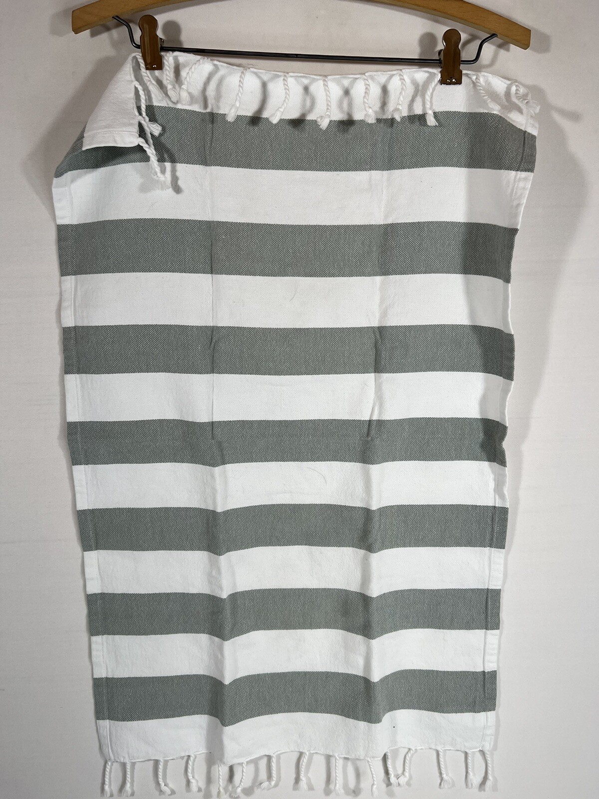 West Elm Ivory/Green Striped Cotton Dish Towel w/ Fringe - 18" x 28" Lot of (2)
