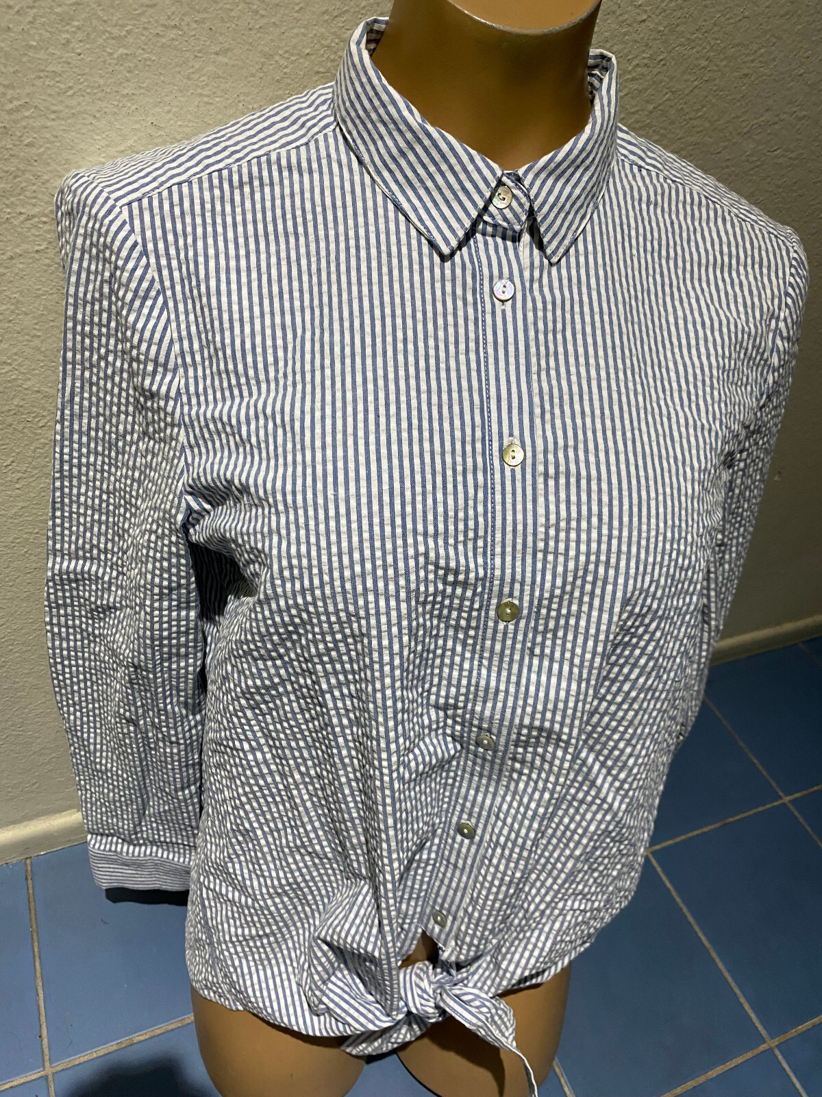 Jane and Delancey Blue White Seersucker Striped Button Down