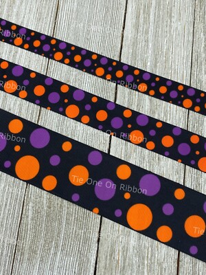 Printed Grosgrain Ribbon 3 Widths 3 & 5 Yards Orange Purple Polka Dot On Black
