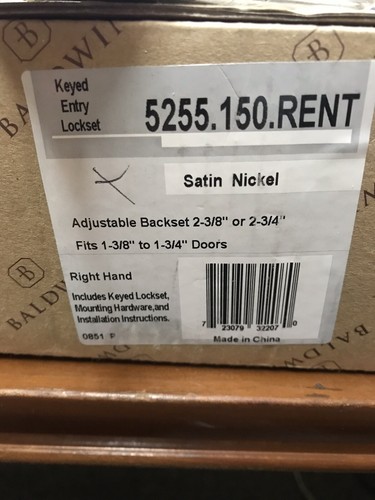 Baldwin 5255.150.RENT Satin Nickel Right Hand Keyed Entry Lockset