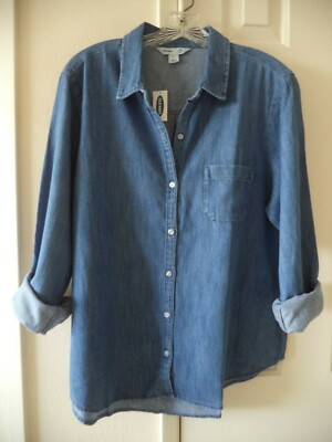 Old Navy Medium Wash Blue Cotton Denim Jean Buttondown Shirt Top 8 10 Medium