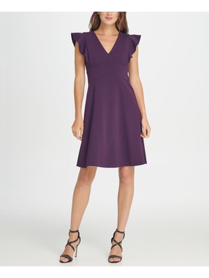 

DKNY Женское фиолетовое вечернее платье выше колена с короткими рукавами + расклешенное платье, Фиолетовый