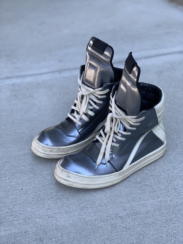 Rick Owens Metallic Silver Geobasket High Top Sneakers 9.5の Rick Owens Metallic Silver Geobasket High Top Sneakers 9.5の