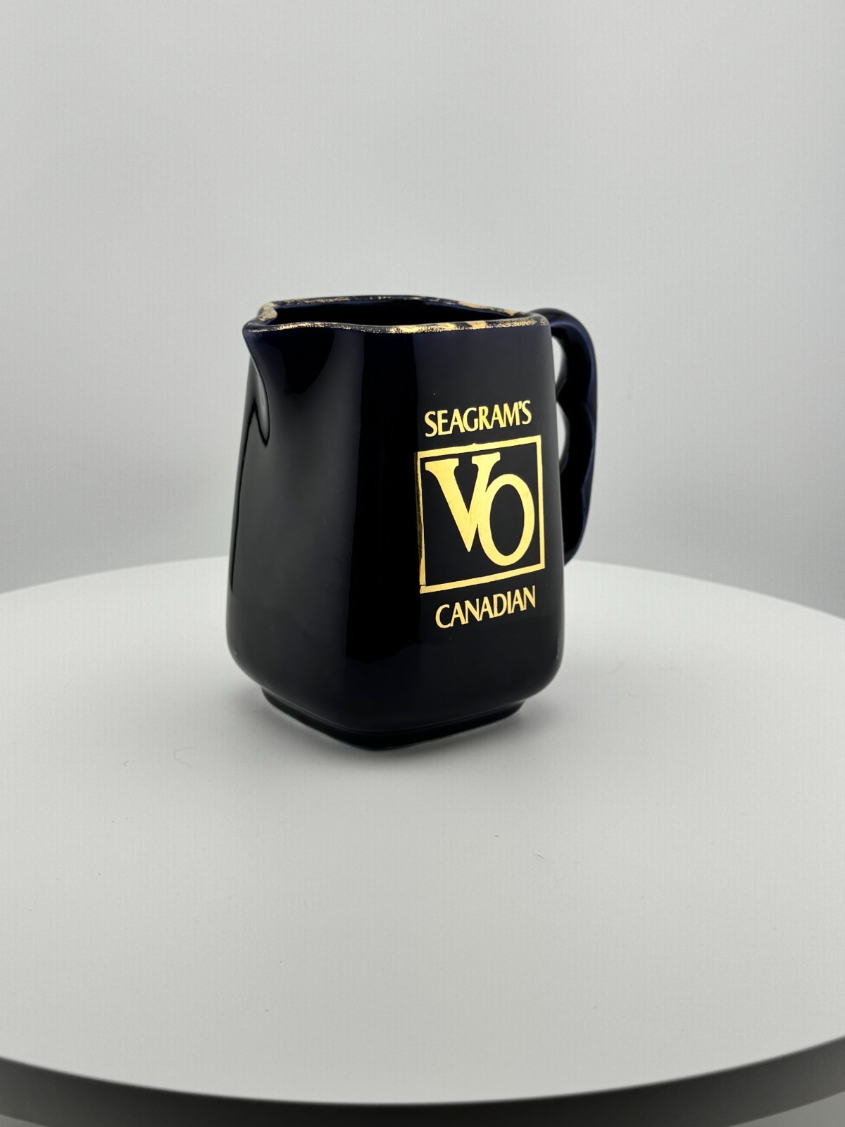 Vintage Seagram VO Canadian Whisky Cobalt Blue Gold Trim Ceramic Pitcher Barware
