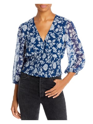 

AQUA Женский темно-синий топ с прозрачной подкладкой и длинными рукавами-фонариками и цветочным принтом с V-образным вырезом, Navy