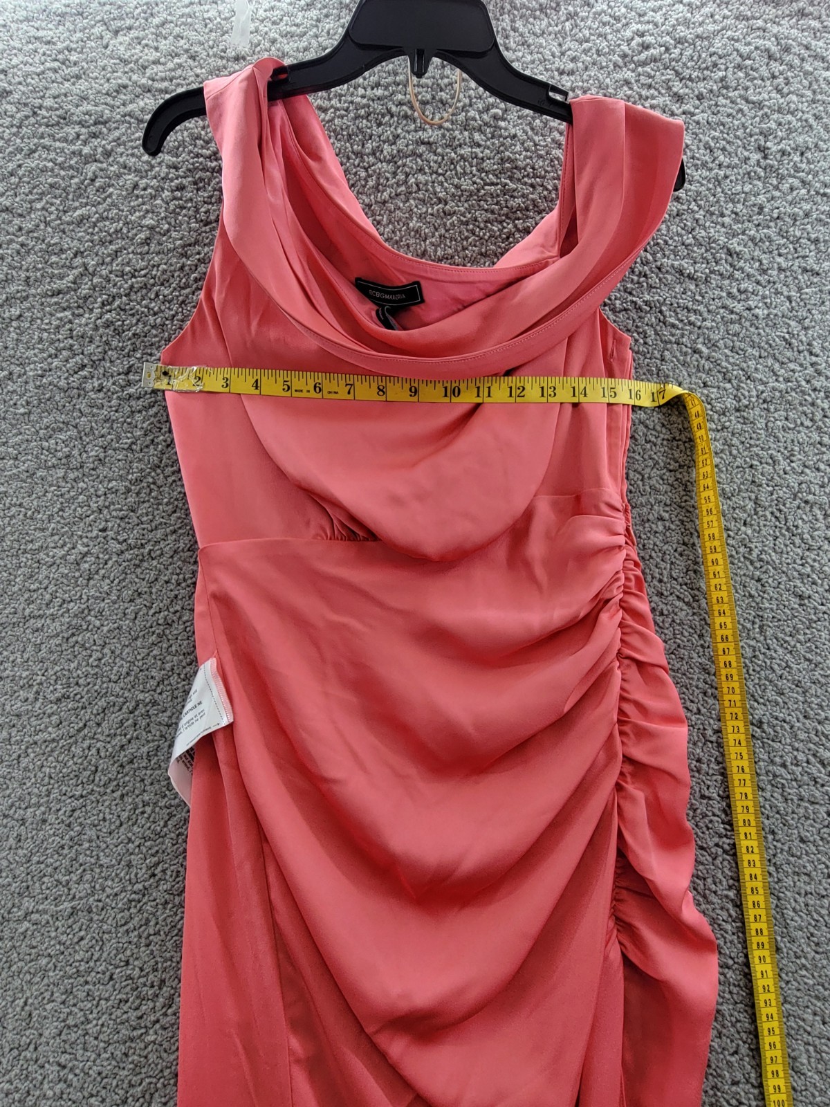 BCBGMAXAZRIA Asymmetric Neck Long Dress Women's 6 Coral Side Zip w/ Button - Picture 7 of 13