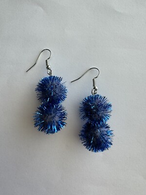 Silver Blue Pom Pom Dangle Earrings