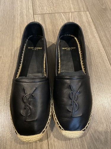 YSL Saint Laurent Black Leather Espadrille Flat Shoes (Size