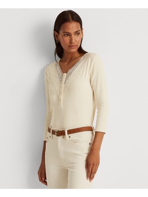 

LAUREN RALPH LAUREN Женский кружевной топ цвета слоновой кости с логотипом Henley, длинными рукавами и V-образным вырезом, Цвет слоновой кости