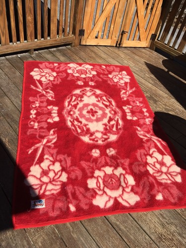 Vtg Swan Wool Reverse Print Blanket Throw Birds Floral Red And Cream Reversible