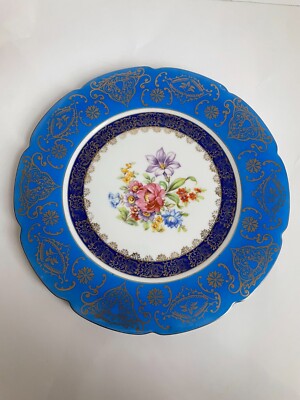 Vintage Bohemia Czech Omeco Floral Transfer Cerulean Blue Dining Decor Plate 11 