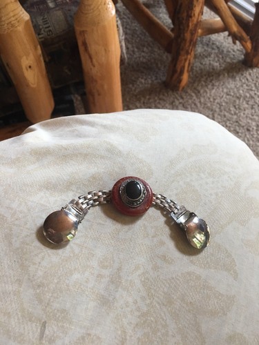 Antique Edwardian Bib Vest Sweater Clips Black Enamel Burgandy Center Silver P